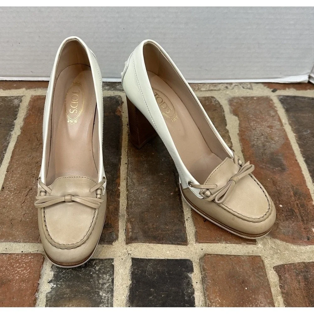 Tod's Two-Tone Leather Loafer Pumps High Stacked Heel Beige & White Women's 6